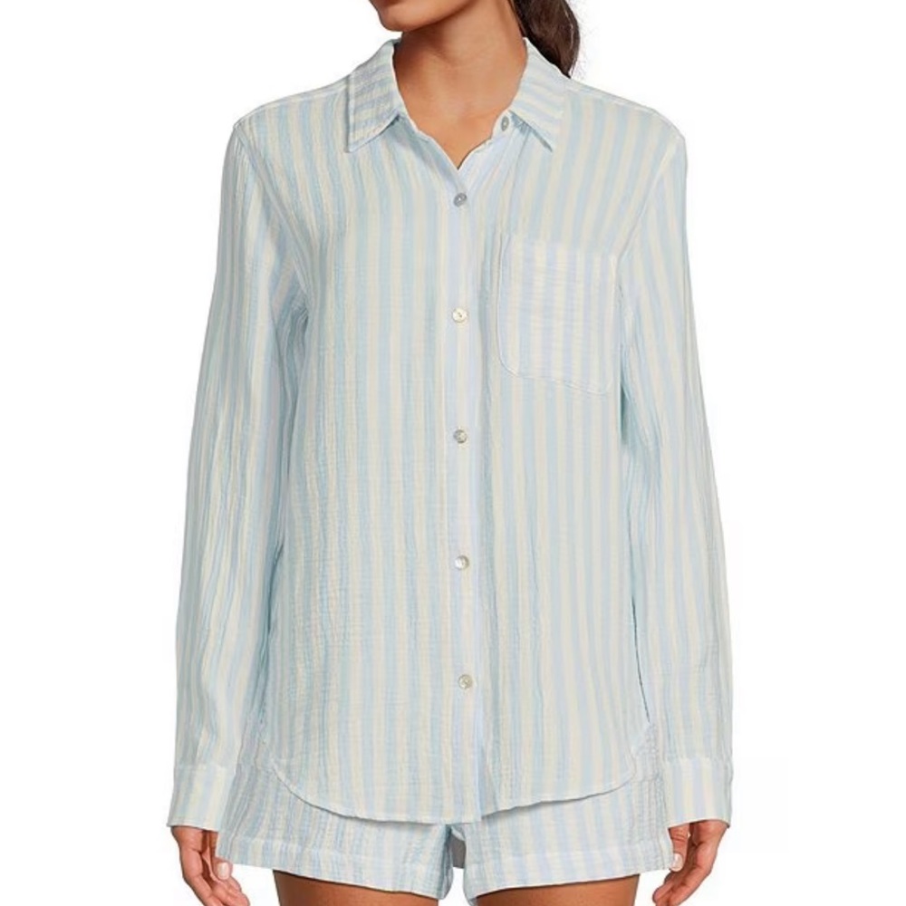 🌷Every
Striped Print Long Sleeve Collared Gauze Coordinating Shirt